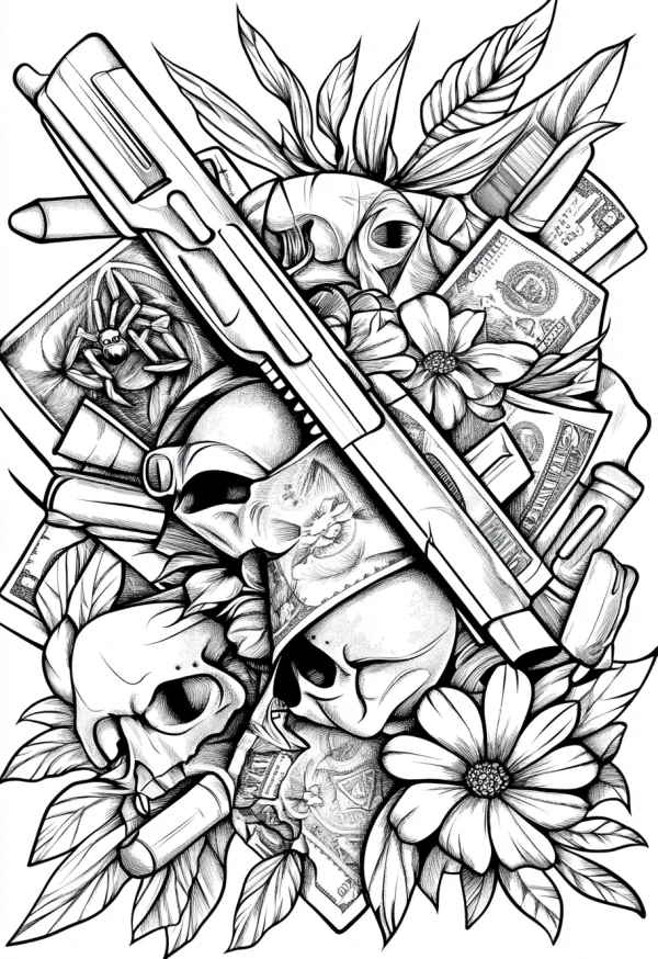 Combination of shotgun, skulls — free printable violence coloring book page