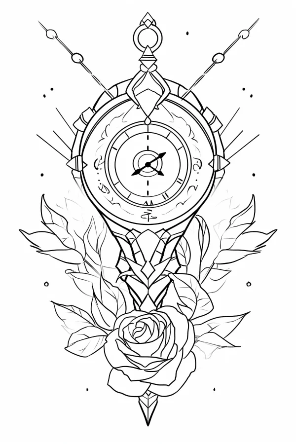 Vintage pocket watch paired with rose, retro style — free printable time coloring book page