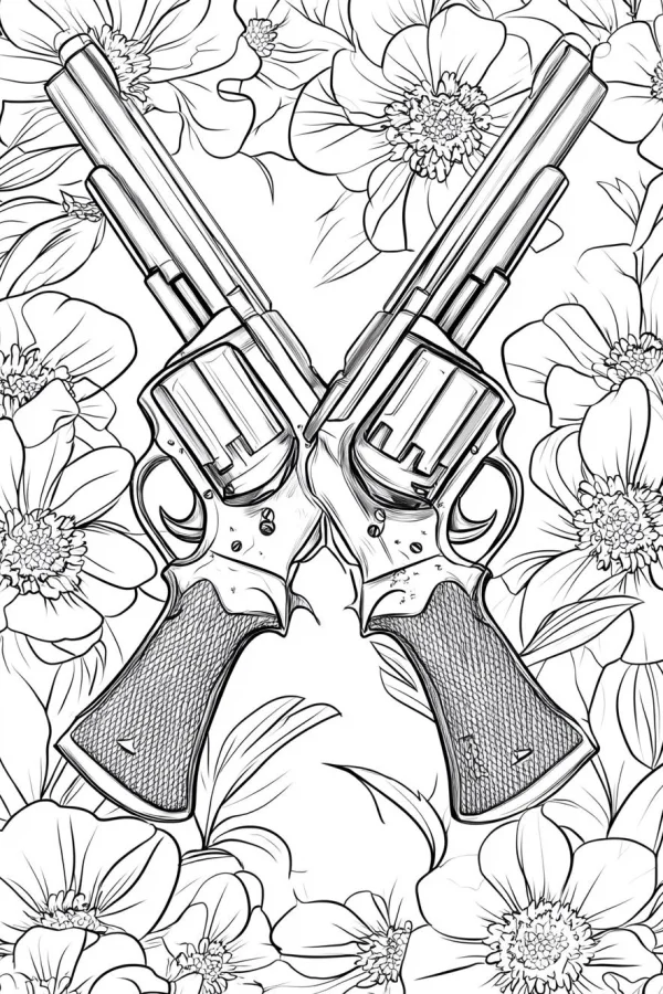 Crossed revolvers surrounded by blooming flowers, realistic line art style — free printable object theme coloring book page
