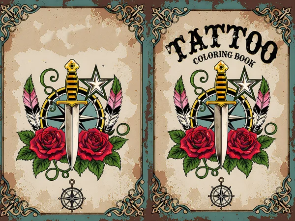Spread, tattoo-style dagger paired with red roses and feathers — free printable tattoo coloring book page