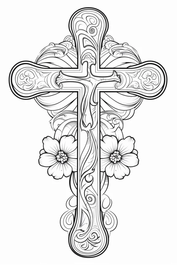 Ornate cross with flowers, decorative art style — free printable religious culture coloring book page
