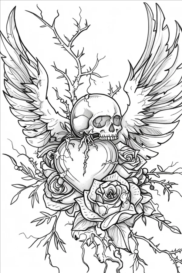 Winged skull with cracked heart and roses, gothic horror style — free printable goth culture coloring book page