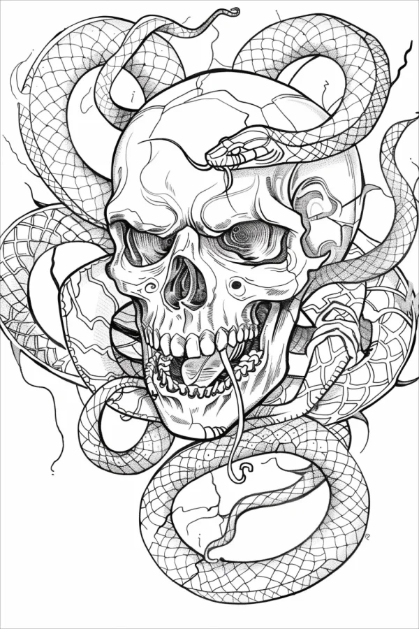 Skull wrapped in venomous snakes, dark horror style — free printable reptiles coloring book page