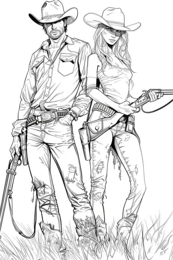 Western cowboy couple, american western realistic style — free printable western cowboy coloring book page
