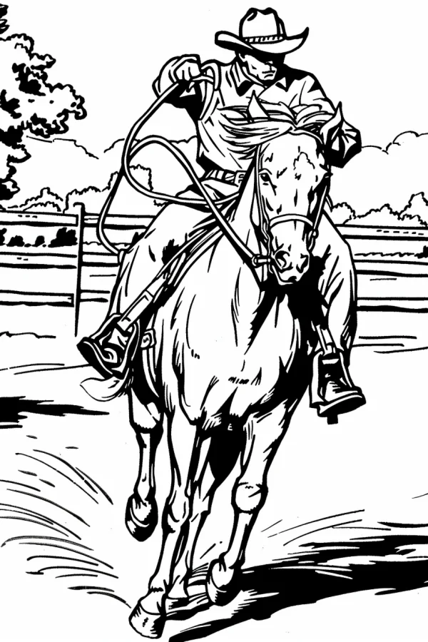 Cowboy riding a horse, realistic illustration style — free printable western cowboy coloring book page