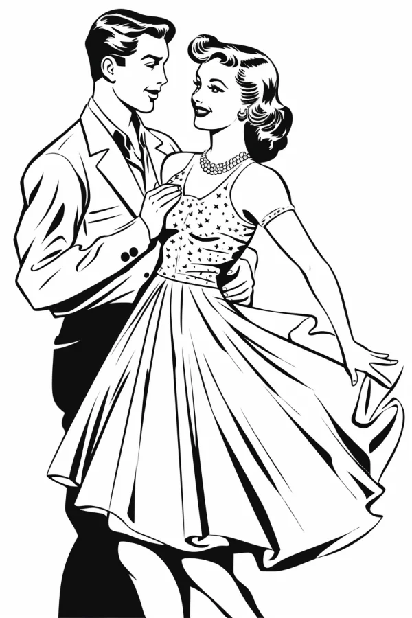 Vintage dancing couple, retro cartoon style — free printable dance coloring book page