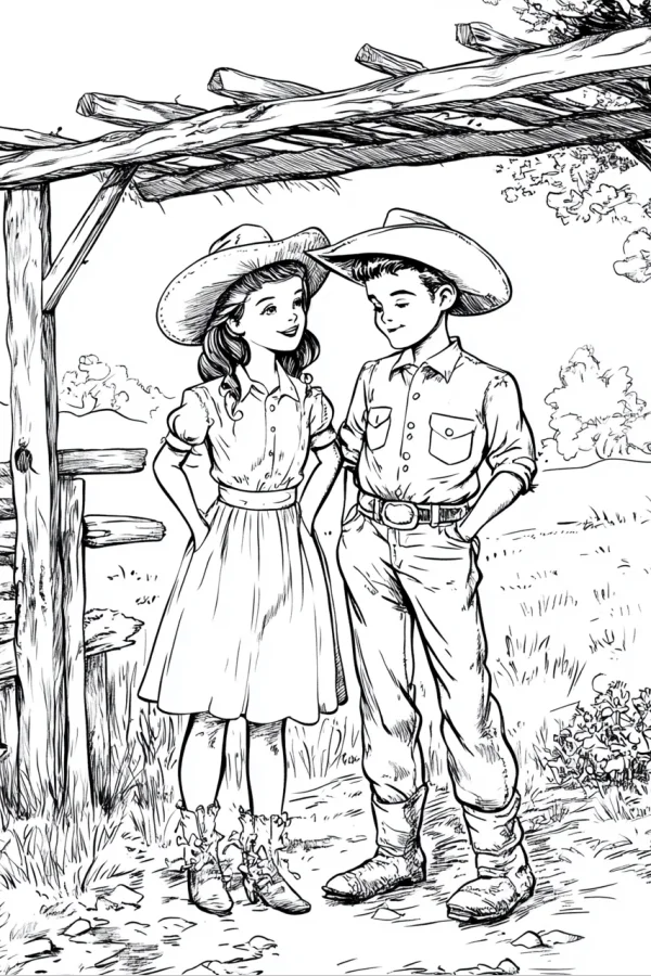Cowboy boy and cowgirl girl in american countryside, outdoor scene with wooden pergola and fence — free printable cowboy coloring book page