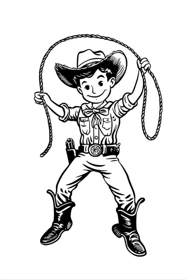 Cartoon cowboy with lasso, cartoon style — free printable career theme coloring book page