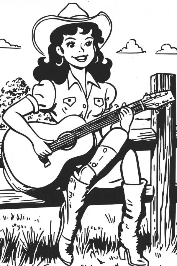 Western cowgirl playing guitar, cartoon style — free printable western cowboy coloring book page