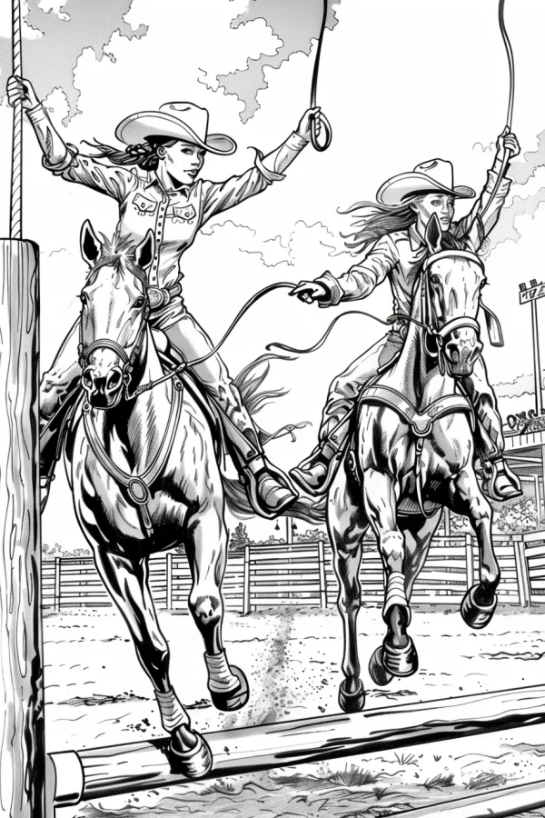 Two cowgirls riding horses in rodeo arena, western american style — free printable cowboy coloring book page