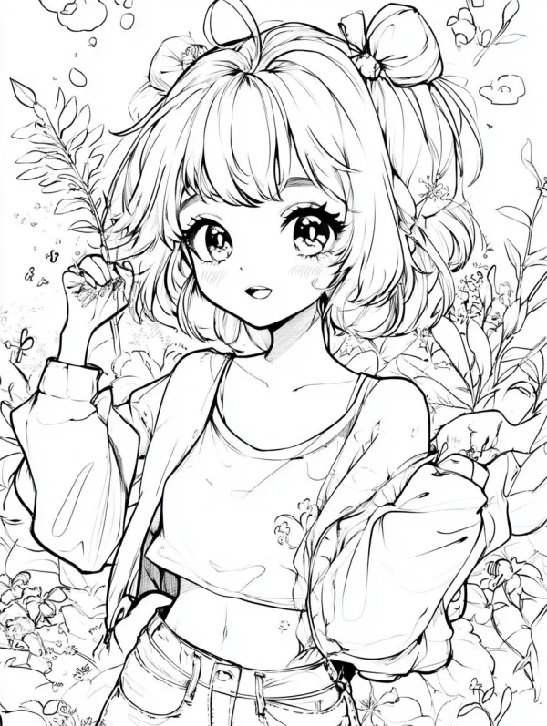 Cute bun-haired girl in flower bushes, anime cartoon style — free printable flower season coloring book page