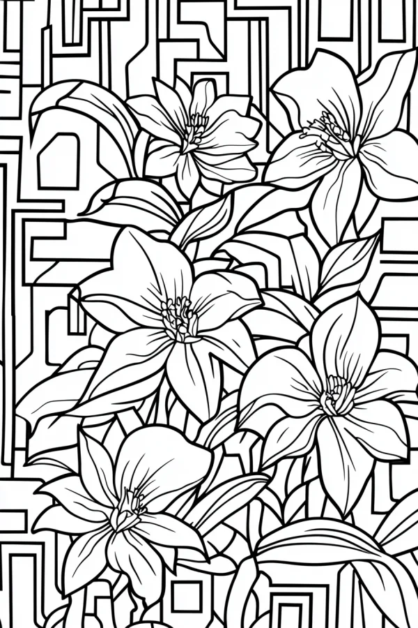 Lilies with geometric background, line art style — free printable geometric decor coloring book page
