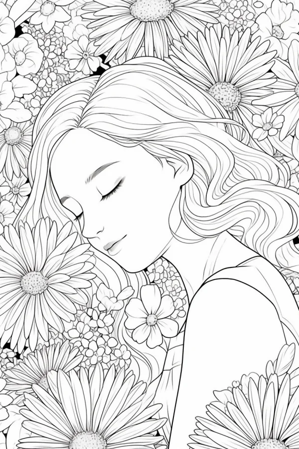 Long-haired girl with closed eyes surrounded by daisies and small flowers, illustration style — free printable character theme coloring book page