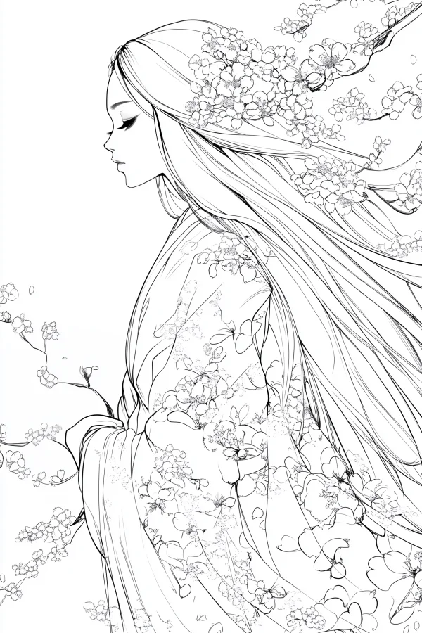 Elegant japanese-style girl surrounded by cherry blossoms, anime line art style — free printable character theme coloring book page