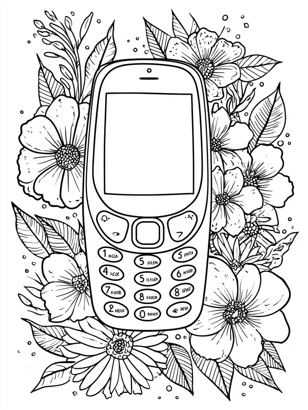 Retro old mobile phone surrounded by various flowers and leaves, vintage style — free printable living items coloring book page