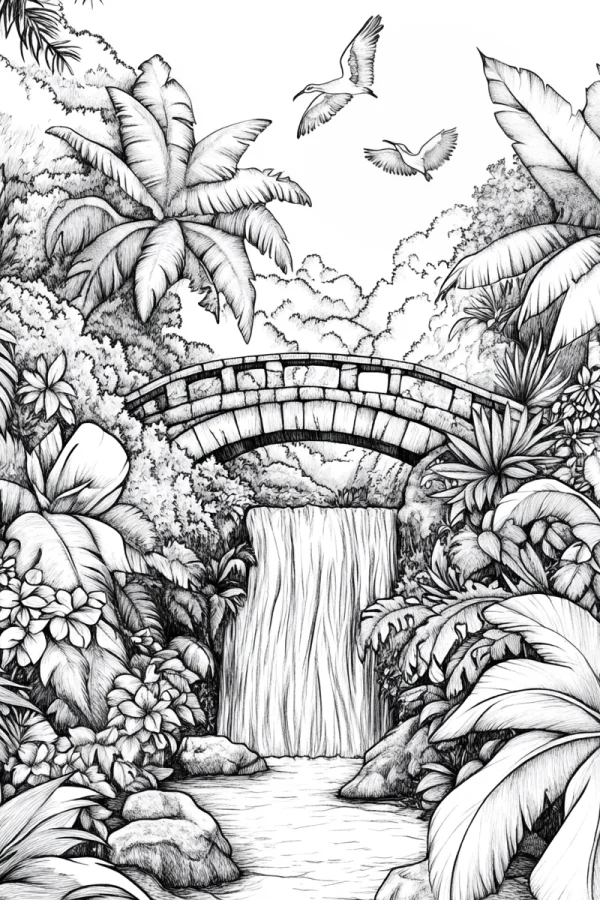 Tropical rainforest waterfall with stone bridge landscape, realistic illustration style — free printable waterfall coloring book page