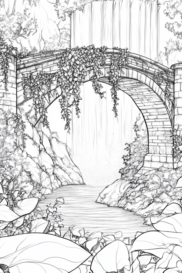 Stone arch bridge covered with vines, waterfall and river natural landscape — free printable outdoor scene coloring book page