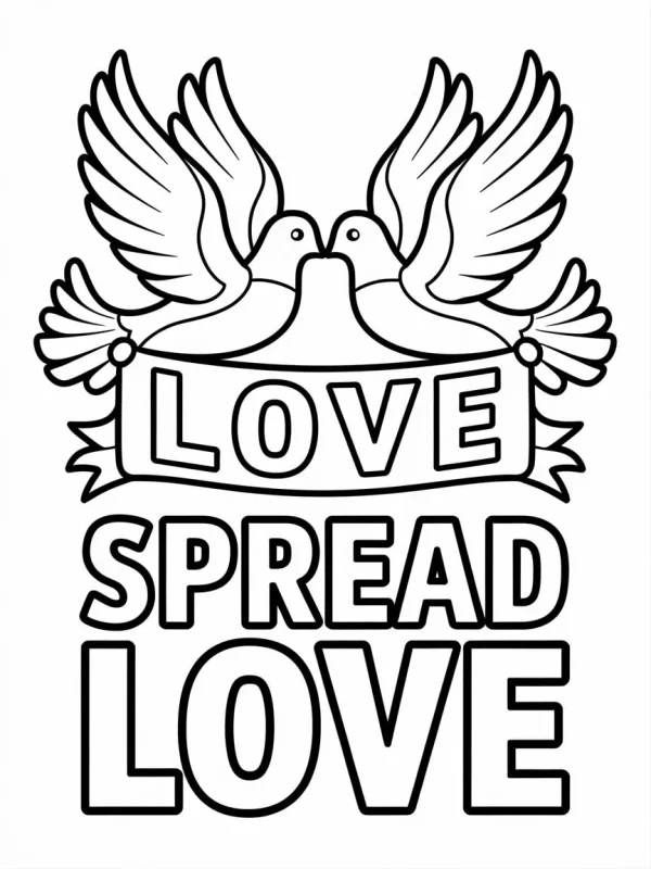 Two peace doves with spread wings, banner with text 'love' below — free printable peace coloring book page