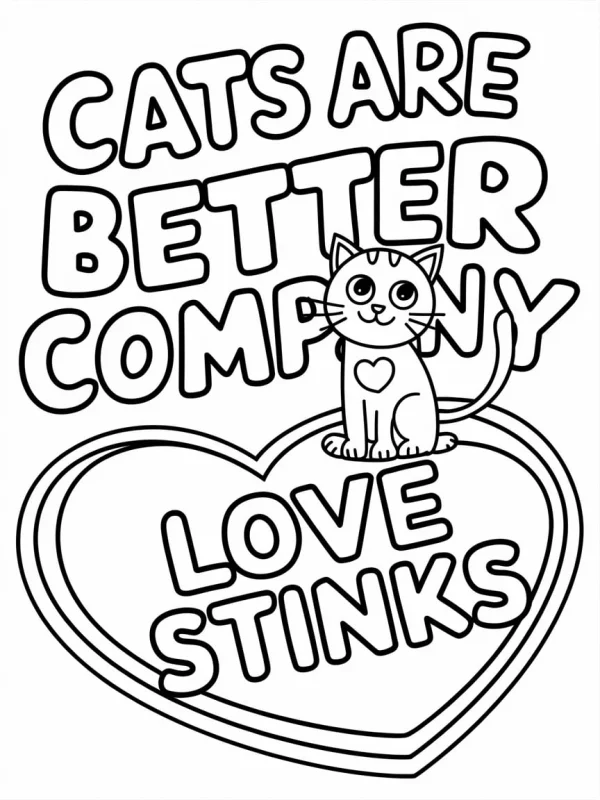 Cute cat sitting on a heart, cartoon style — free printable humor coloring book page