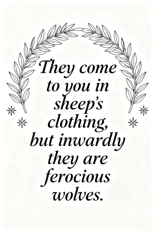 Decorative laurel wreath with inspirational english quote "they come to you in sheep's clothing, but inwardly they are ferocious wolves" — free printable text art coloring book page