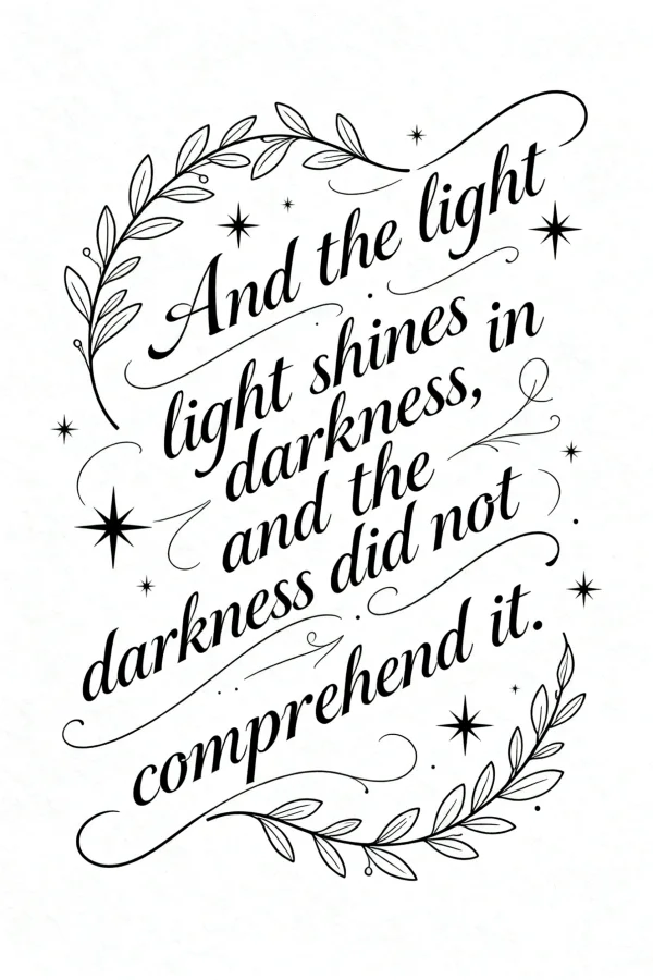 Inspirational artistic english text quote, decorative laurel branches and star motifs — free printable text art coloring book page