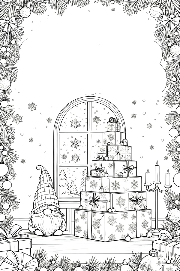 Coloring book page, christmas gnome with stacked christmas gift boxes — free printable snow scene coloring book page