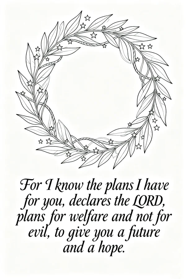 Leaf wreath with motivational religious scripture text, simple minimalist decorative style — free printable decor coloring book page