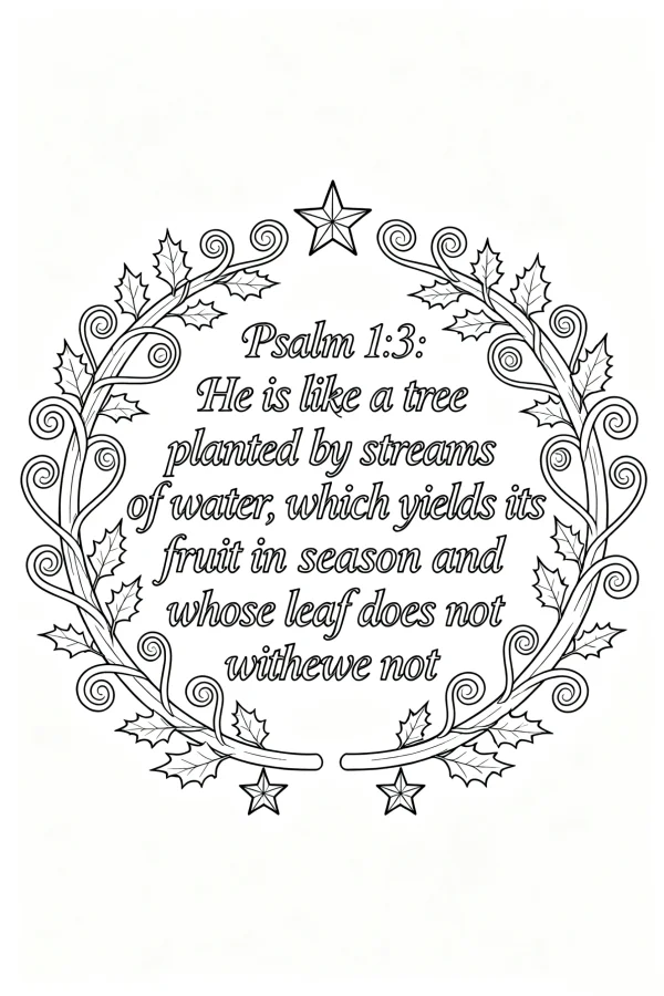 Christmas wreath with bible verse psalm 1:3, vintage religious decorative style — free printable religious culture coloring book page