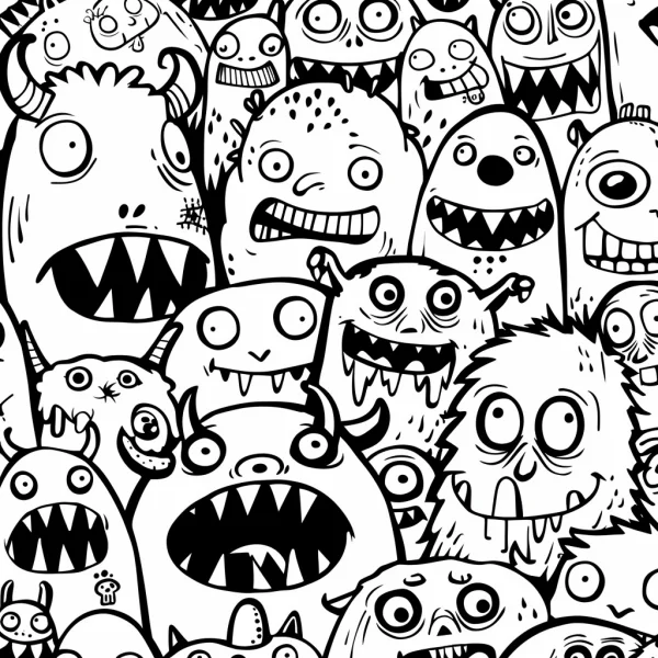 Group of quirky cartoon monsters, cartoon style — free printable quirky coloring book page