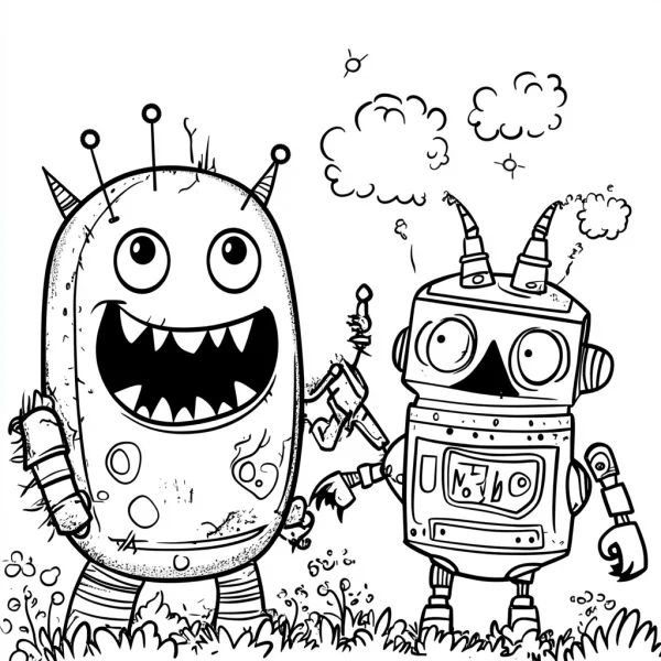 Two cute cartoon robots, sci-fi fantasy style — free printable innocence coloring book page