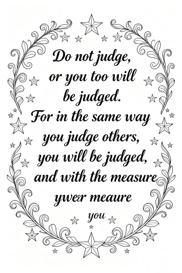 Inspirational quote 'do not judge, or you too will be judged.' surrounded by intricate vine wreath and various stars — free printable decor coloring book page