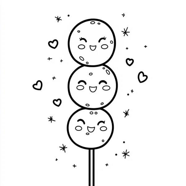 Anthropomorphic dango skewer with three cute smiling faces, kawaii cartoon style — free printable innocence coloring book page