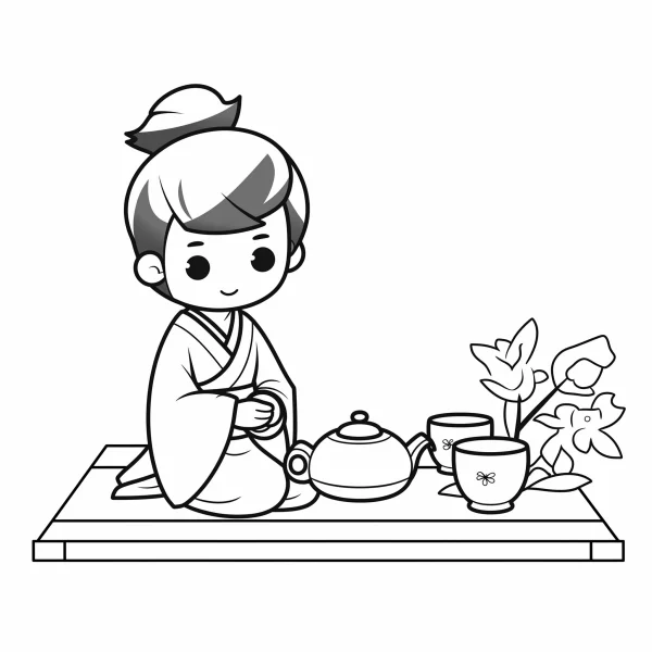 Cartoon girl in kimono making tea, cartoon style — free printable tea ceremony coloring book page
