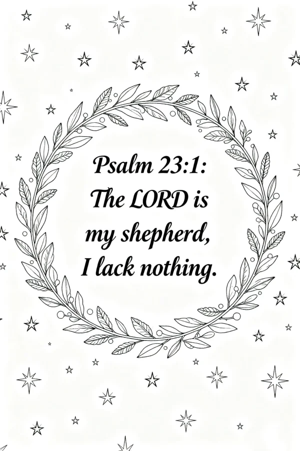 Wreath of leaves and vines surrounding psalm 23:1 scripture, minimalist style — free printable spiritual healing coloring book page