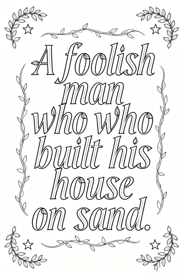 Decorative calligraphy quote 'a foolish man who built his house on sand' surrounded by vine and leaf borders with star accents, decorative art style — free printable philosophy coloring book page