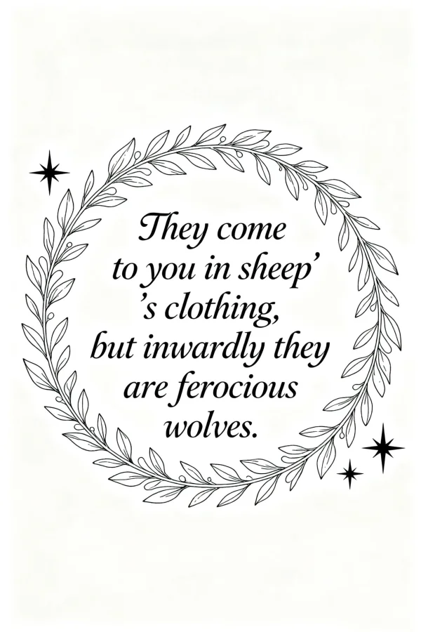 Inspirational quote 'they come to you in sheep's clothing, but inwardly they are ferocious wolves' surrounded by laurel leaf wreath — free printable life insights coloring book page