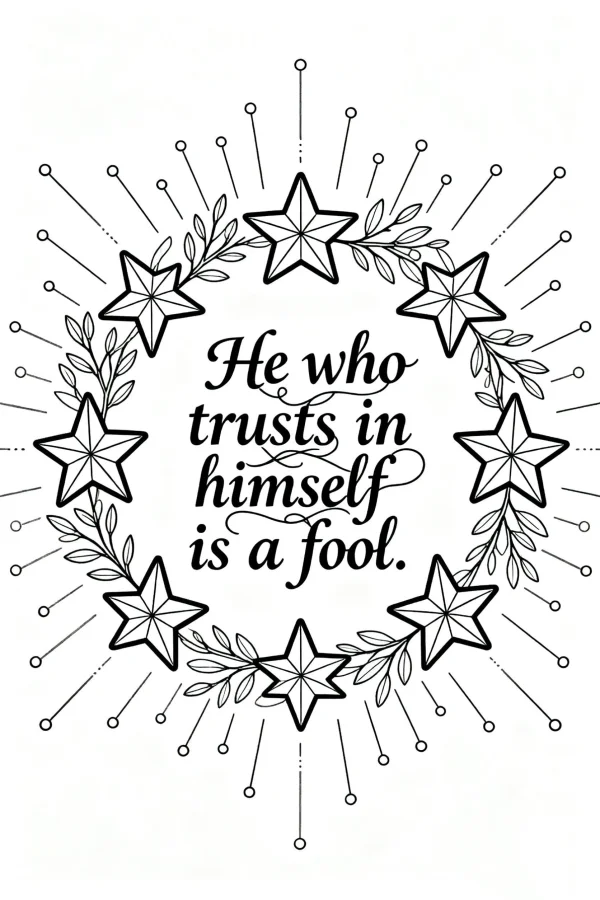 Quote "he who trusts in himself is a fool" surrounded by stars and laurel branches, decorative art style — free printable philosophy coloring book page