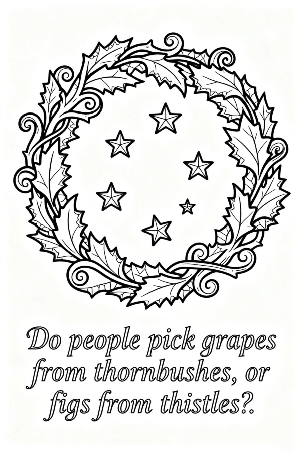 Decorative wreath with vine leaves and stars, black and white fine line art — free printable philosophy coloring book page