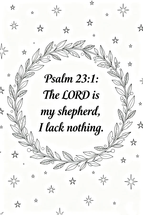 Psalm 23:1 text inside laurel wreath, minimalist style — free printable spiritual healing coloring book page