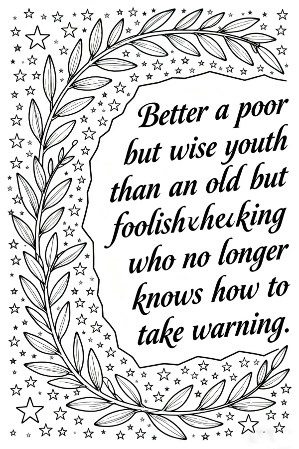 Inspirational english quote framed by laurel leaves and stars, minimalist line art style — free printable text art coloring book page