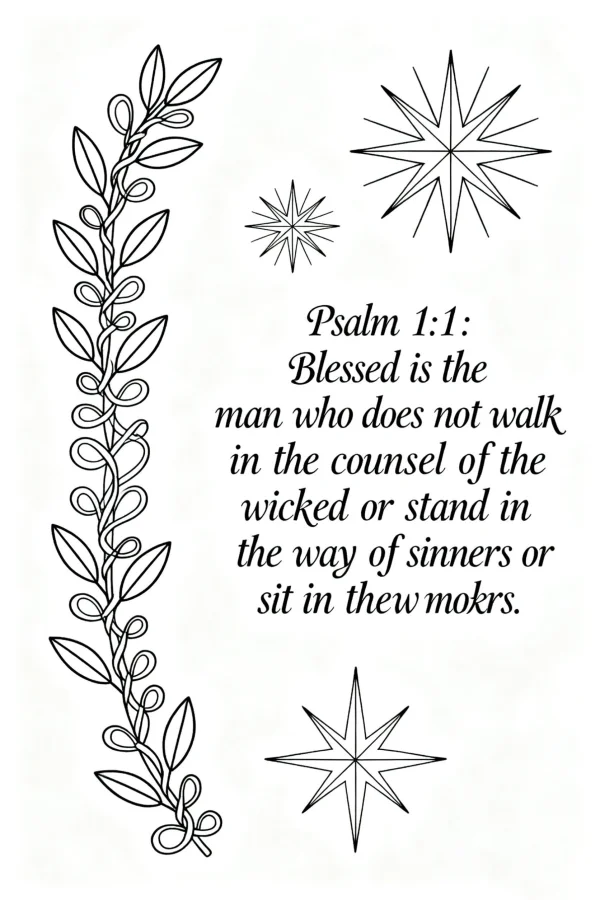 Religious psalm 1:1 text paired with vine leaves and geometric star decorations, minimalist style — free printable text art coloring book page