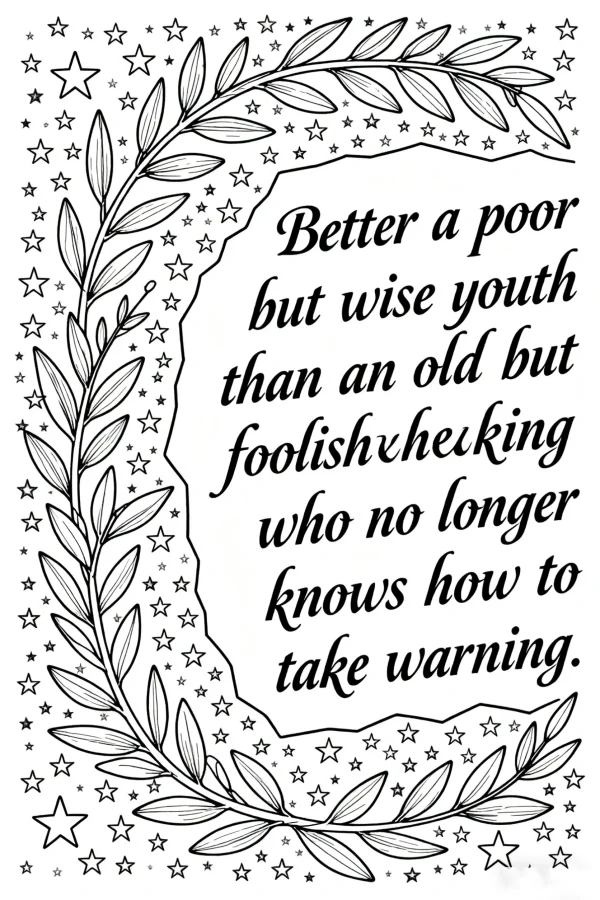 Inspirational quote with leaf vine and star decorations, hand-drawn illustration style — free printable natural decor coloring book page