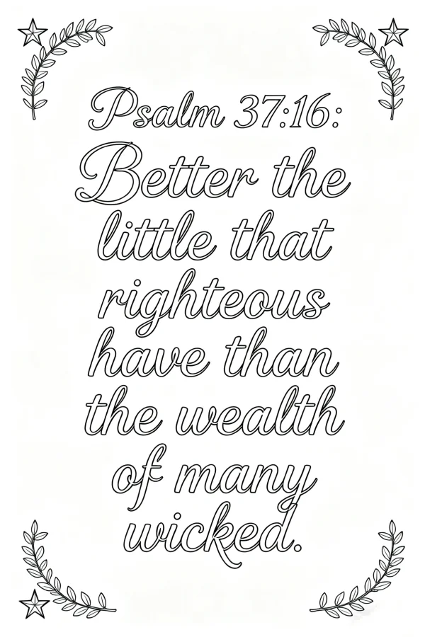 Coloring book page, inspirational psalm 37:16 scripture in decorative handwritten script — free printable religious culture coloring book page
