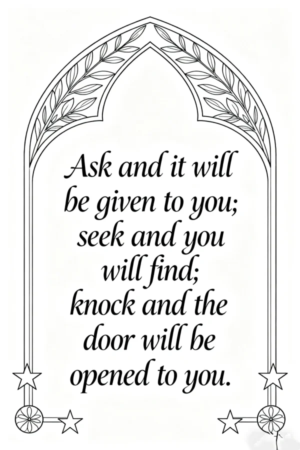 Coloring book page, inspirational english quote with decorative arched frame — free printable text art coloring book page