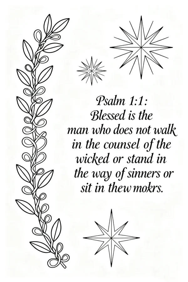 Psalm 1:1 scripture text with vine and star decorations, simple decorative line art style — free printable decor coloring book page