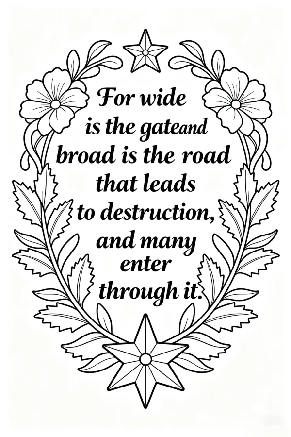 Religious scripture text surrounded by decorative floral wreath and stars, art nouveau style — free printable text decoration coloring book page