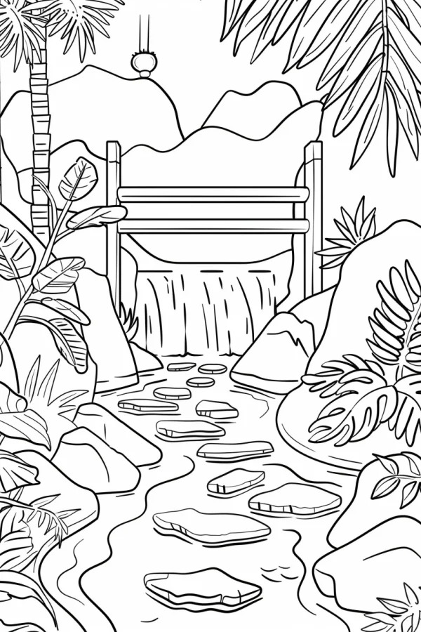 Tropical rainforest waterfall stream scene, line art style — free printable rainforest coloring book page