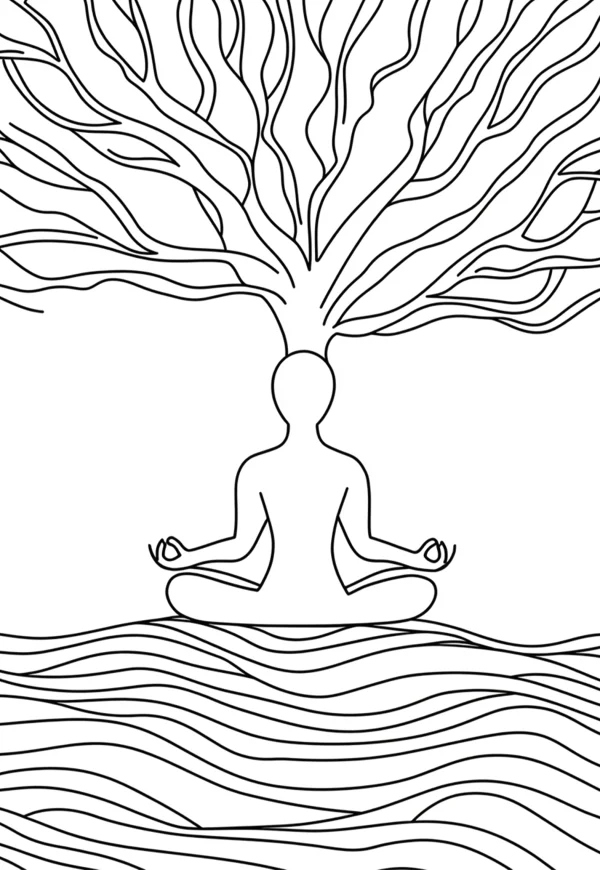 Meditating figure in lotus pose with tree growing from head, sitting on wavy lines — free printable meditation coloring book page