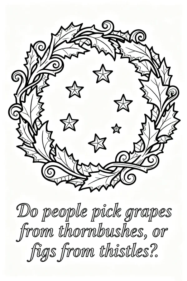 Holly leaf wreath with stars, hand-drawn sketch style — free printable philosophy coloring book page