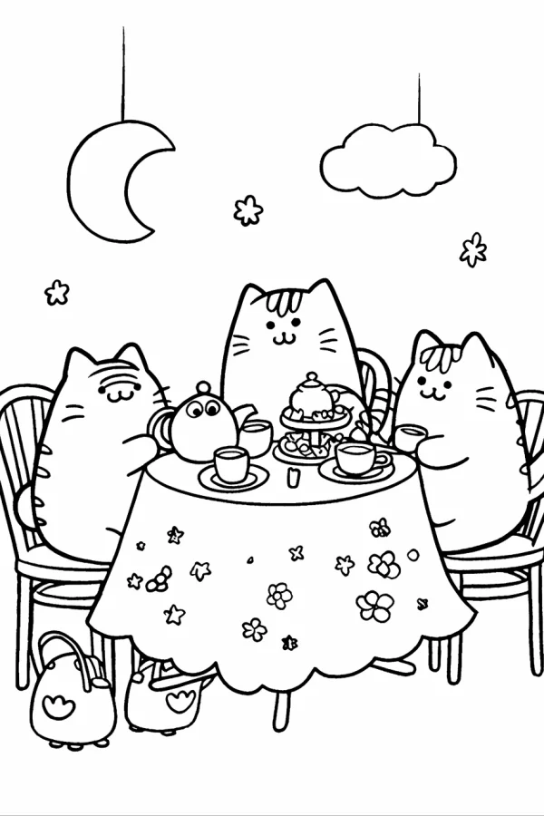 Three cute cats having afternoon tea party, cartoon style — free printable afternoon tea coloring book page
